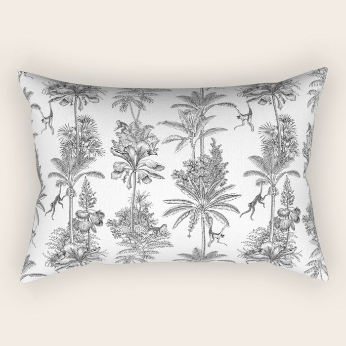 Toile de Jouy Exotic Jungle Monkeys Black & White Rectangular Pillow Gallery Image 2