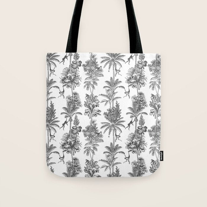 Toile de Jouy Exotic Jungle Monkeys Black & White Tote Bag Gallery Image 1