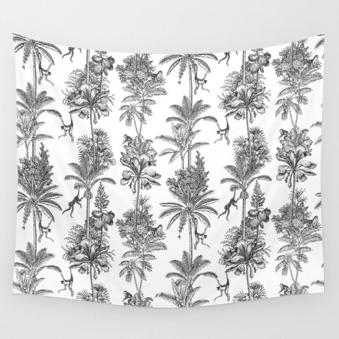 Toile de Jouy Exotic Jungle Monkeys Black & White Wall Tapestry Gallery Image 4