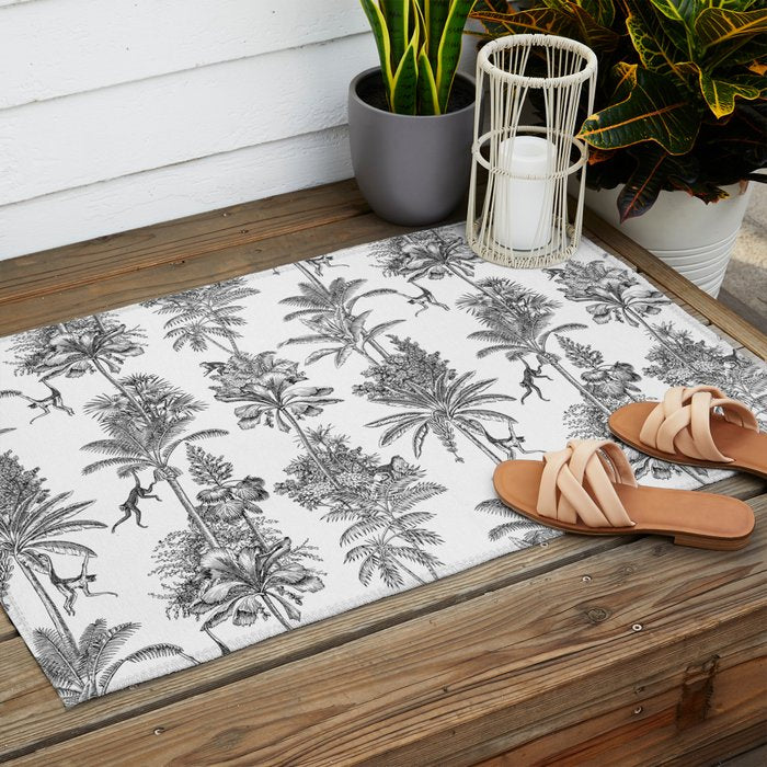 Toile de Jouy Exotic Jungle Monkeys Black & White Outdoor Rug Gallery Image 2