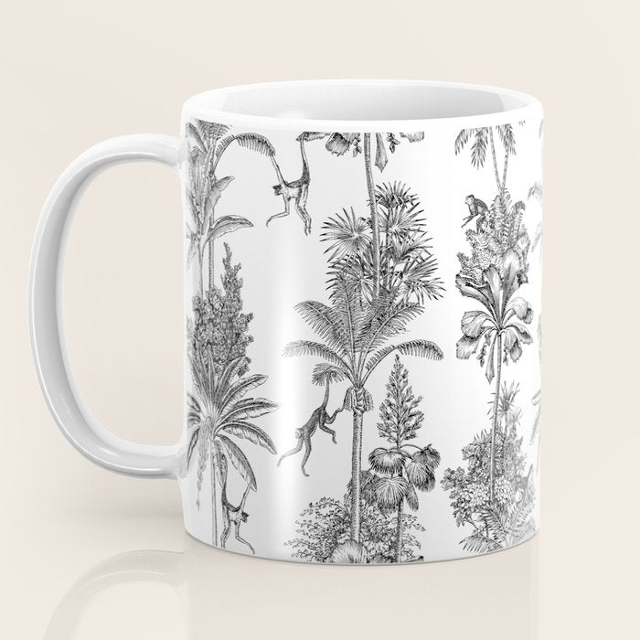 Toile de Jouy Exotic Jungle Monkeys Black & White Coffee Mug Gallery Image 3