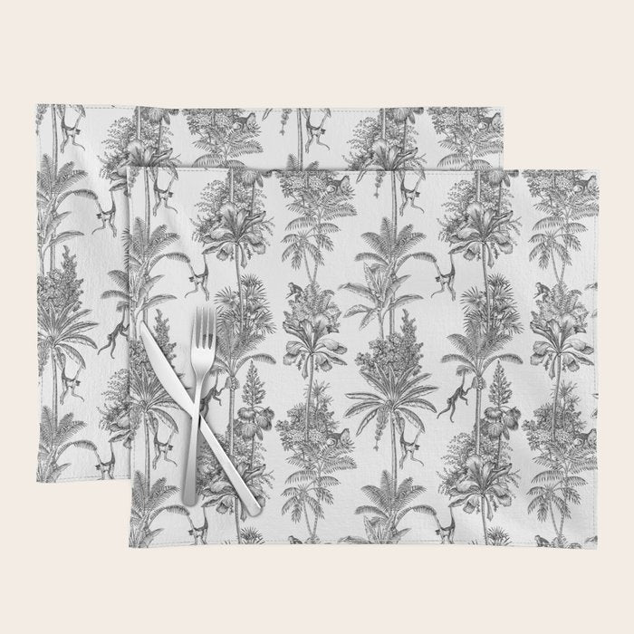 Toile de Jouy Exotic Jungle Monkeys Black & White Placemat Gallery Image 1