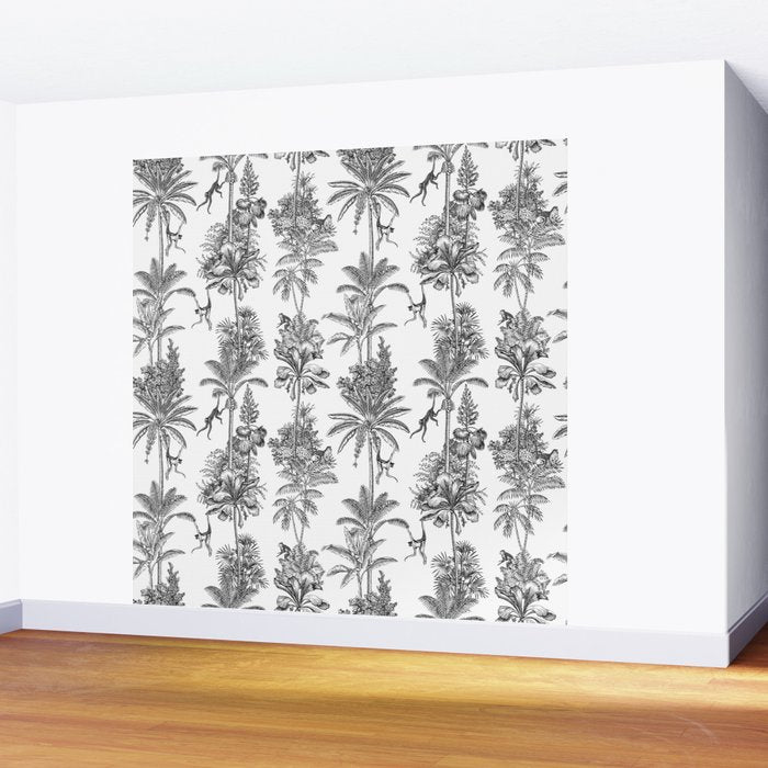 Toile de Jouy Exotic Jungle Monkeys Black & White Wall Mural Gallery Image 2