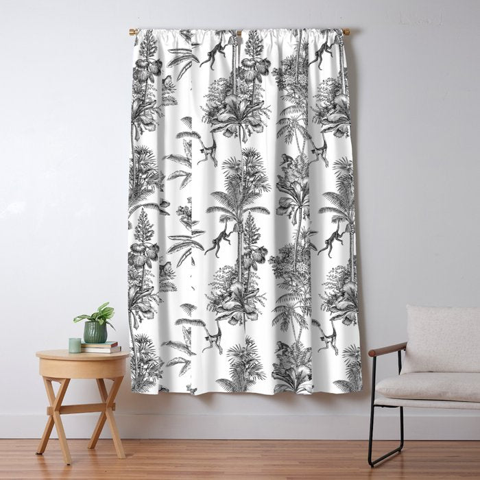 Toile de Jouy Exotic Jungle Monkeys Black & White Window Curtain Gallery Image 1