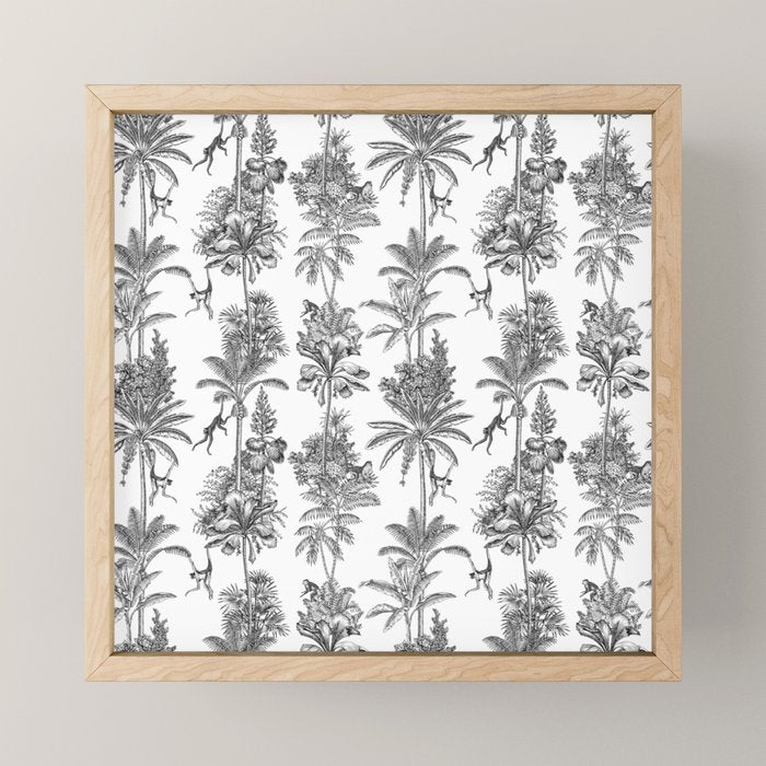 Toile de Jouy Exotic Jungle Monkeys Black & White Mini Art Print Gallery Image 1