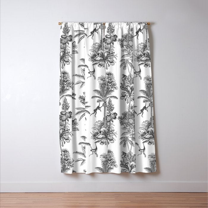 Toile de Jouy Exotic Jungle Monkeys Black & White Window Curtain Gallery Image 3