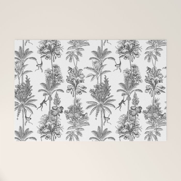 Toile de Jouy Exotic Jungle Monkeys Black & White Welcome Mat Gallery Image 1