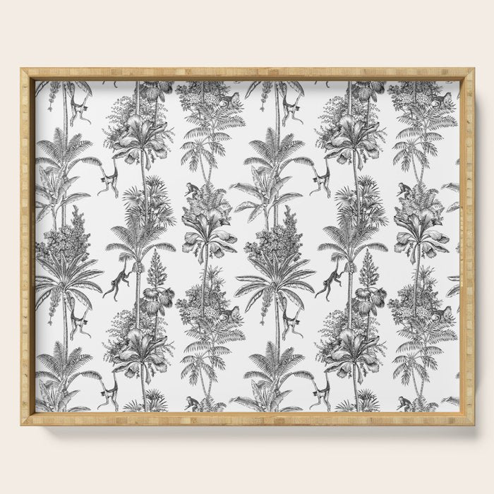 Toile de Jouy Exotic Jungle Monkeys Black & White Serving Tray Gallery Image 1