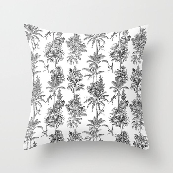 Toile de Jouy Exotic Jungle Monkeys Black & White Throw Pillow Gallery Image 1