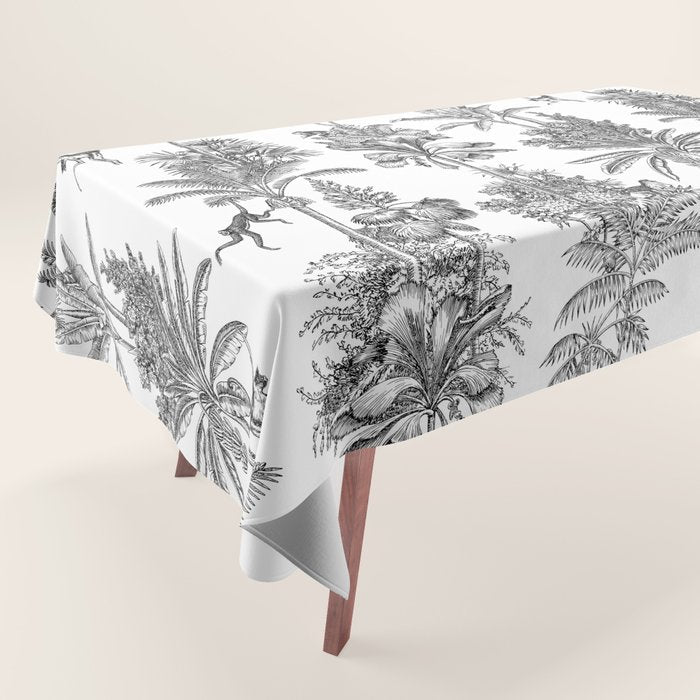 Toile de Jouy Exotic Jungle Monkeys Black & White Tablecloth Gallery Image 1