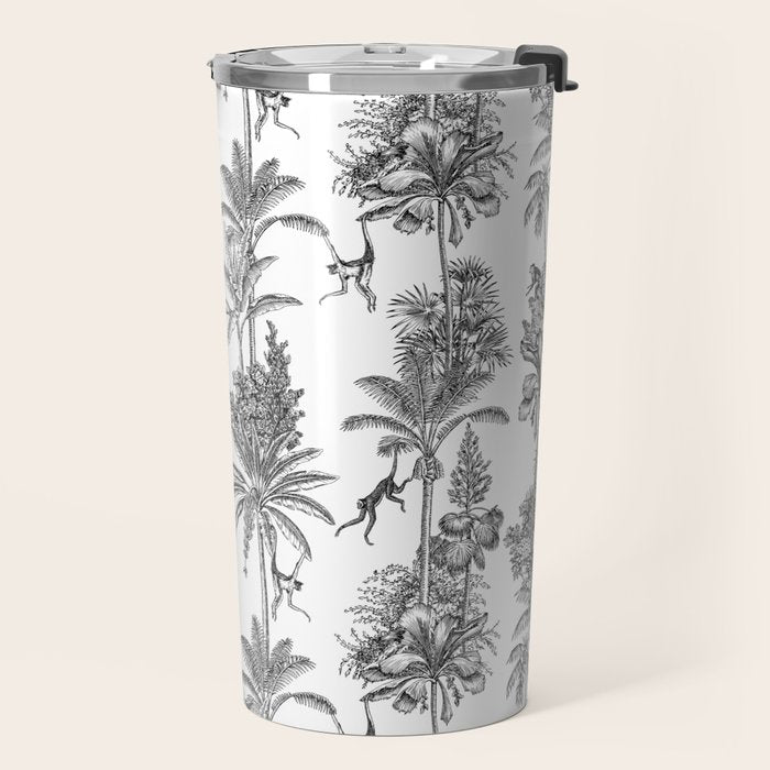 Toile de Jouy Exotic Jungle Monkeys Black & White Travel Mug Gallery Image 2