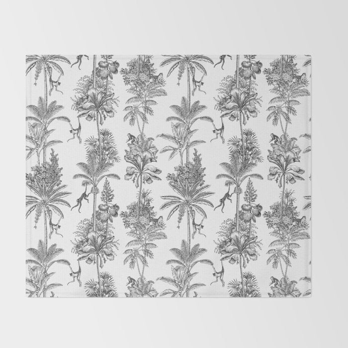 Toile de Jouy Exotic Jungle Monkeys Black & White Throw Blanket Gallery Image 2