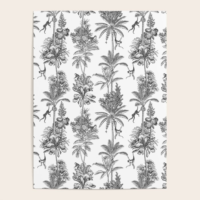 Toile de Jouy Exotic Jungle Monkeys Black & White Poster Gallery Image 4