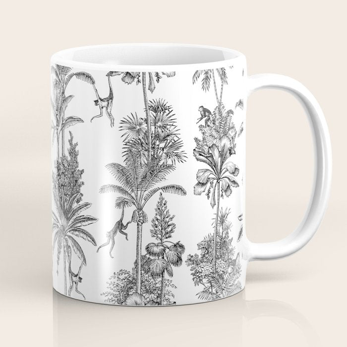 Toile de Jouy Exotic Jungle Monkeys Black & White Coffee Mug Gallery Image 1