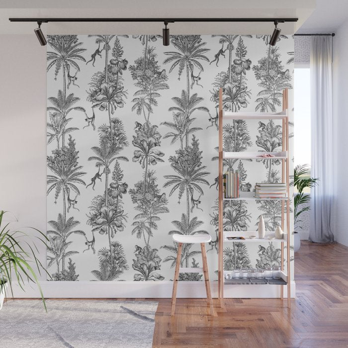 Toile de Jouy Exotic Jungle Monkeys Black & White Wall Mural Gallery Image 1