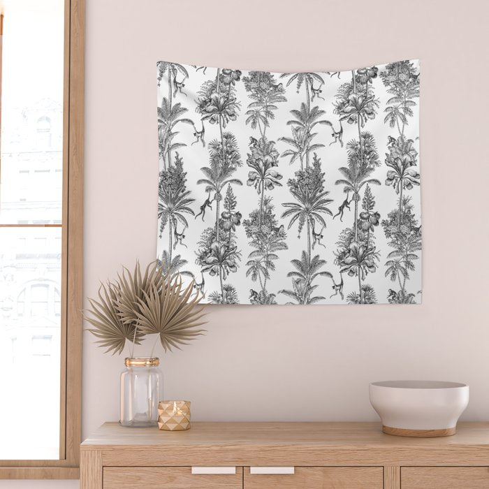 Toile de Jouy Exotic Jungle Monkeys Black & White Wall Tapestry Gallery Image 2