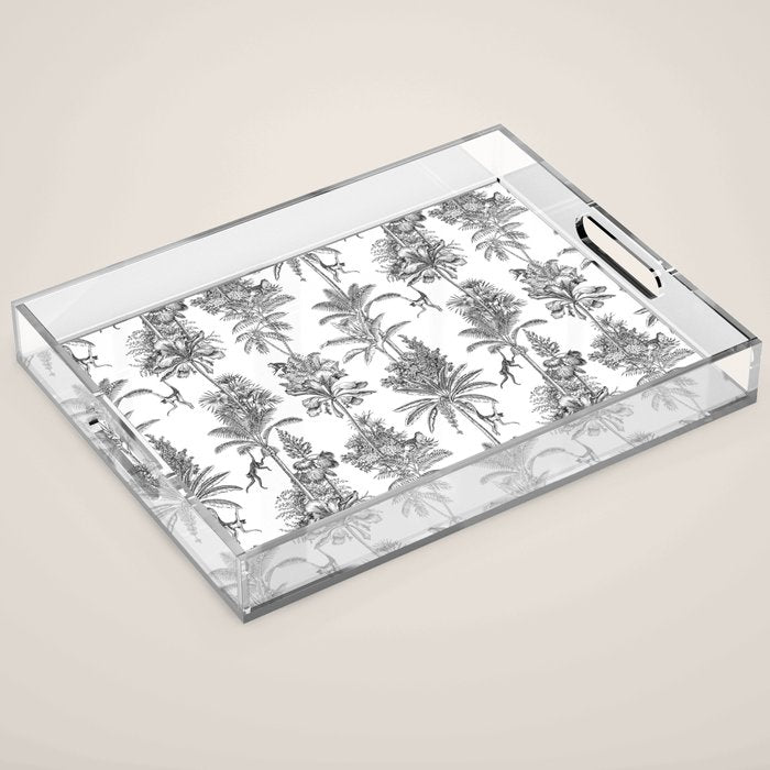 Toile de Jouy Exotic Jungle Monkeys Black & White Acrylic Tray Gallery Image 1