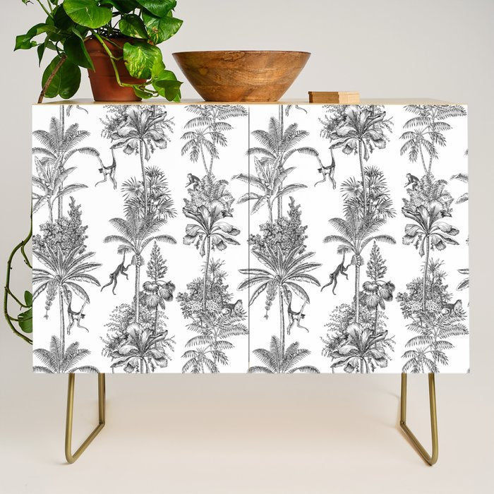 Toile de Jouy Exotic Jungle Monkeys Black & White Credenza Gallery Image 1