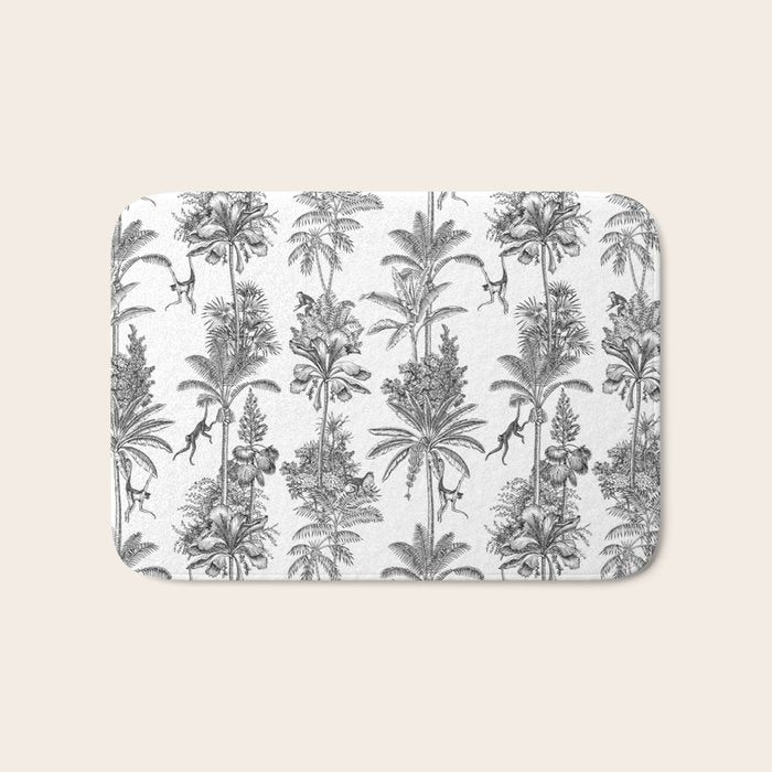 Toile de Jouy Exotic Jungle Monkeys Black & White Bath Mat Gallery Image 1