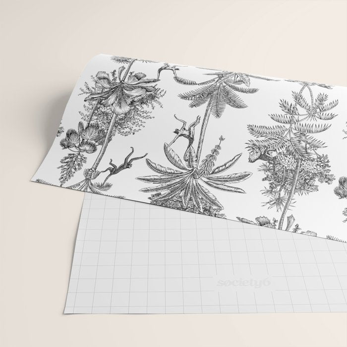 Toile de Jouy Exotic Jungle Monkeys Black & White Wrapping Paper Gallery Image 2