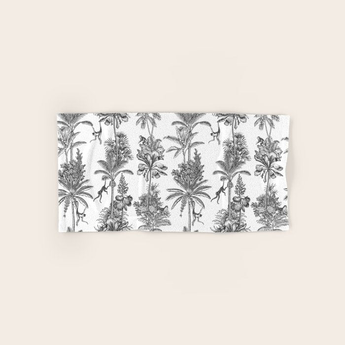 Toile de Jouy Exotic Jungle Monkeys Black & White Bath Towel Gallery Image 1