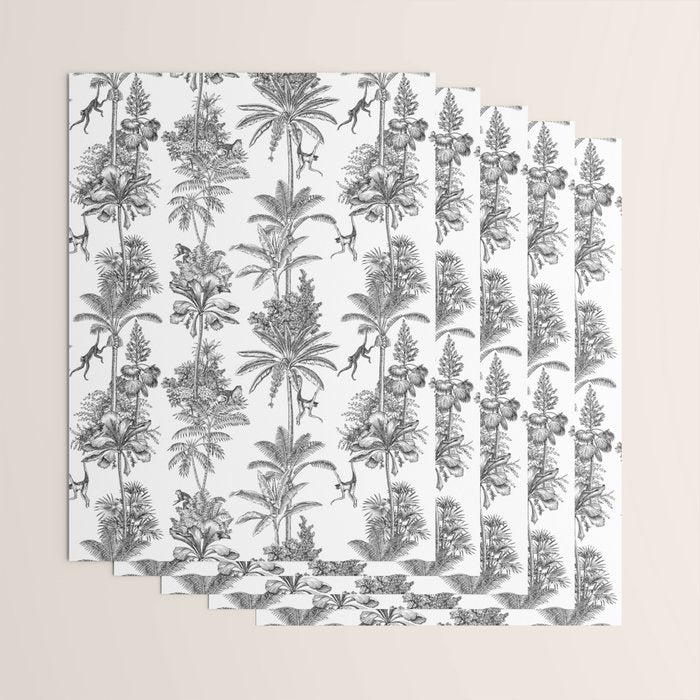 Toile de Jouy Exotic Jungle Monkeys Black & White Wrapping Paper Gallery Image 3