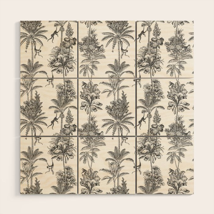 Toile de Jouy Exotic Jungle Monkeys Black & White Wood Wall Art Gallery Image 1