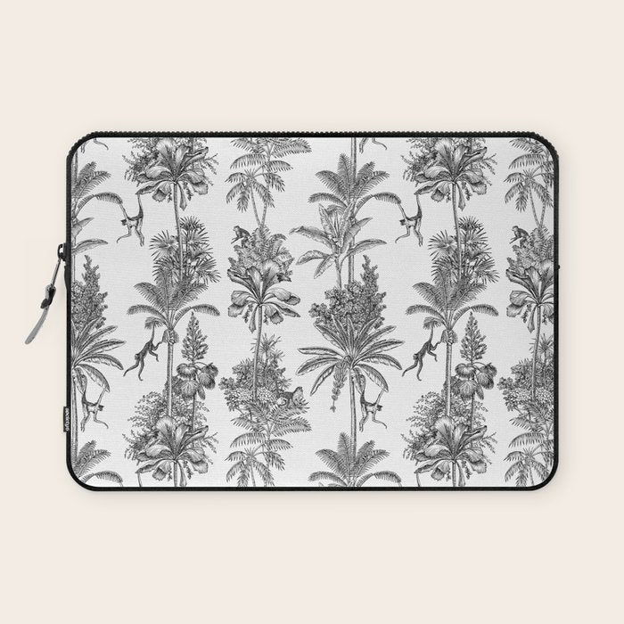 Toile de Jouy Exotic Jungle Monkeys Black & White Laptop Sleeve Gallery Image 1