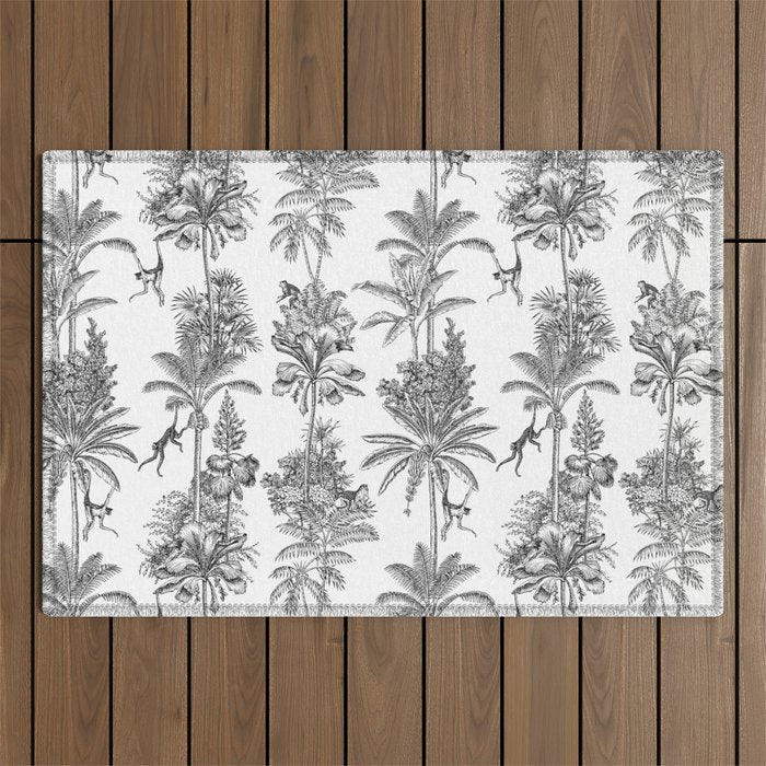 Toile de Jouy Exotic Jungle Monkeys Black & White Outdoor Rug Gallery Image 1