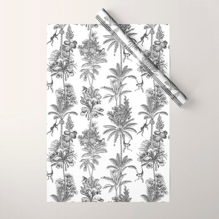 Toile de Jouy Exotic Jungle Monkeys Black & White Wrapping Paper Gallery Image 1