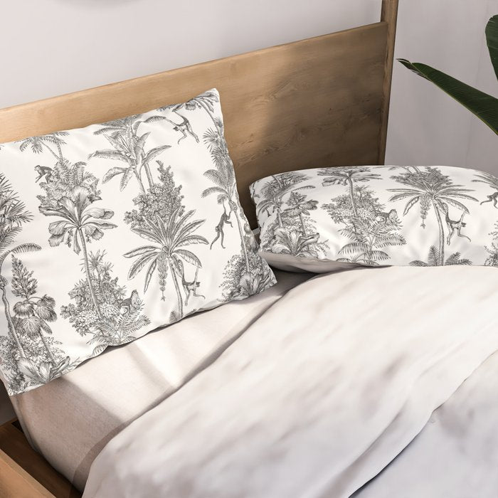 Toile de Jouy Exotic Jungle Monkeys Black & White Pillow Sham Gallery Image 2