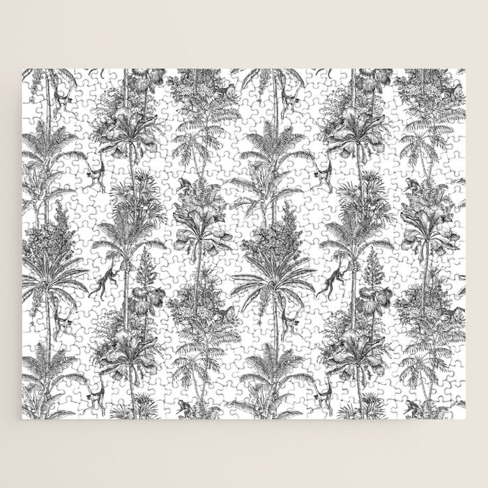 Toile de Jouy Exotic Jungle Monkeys Black & White Jigsaw Puzzle Gallery Image 1