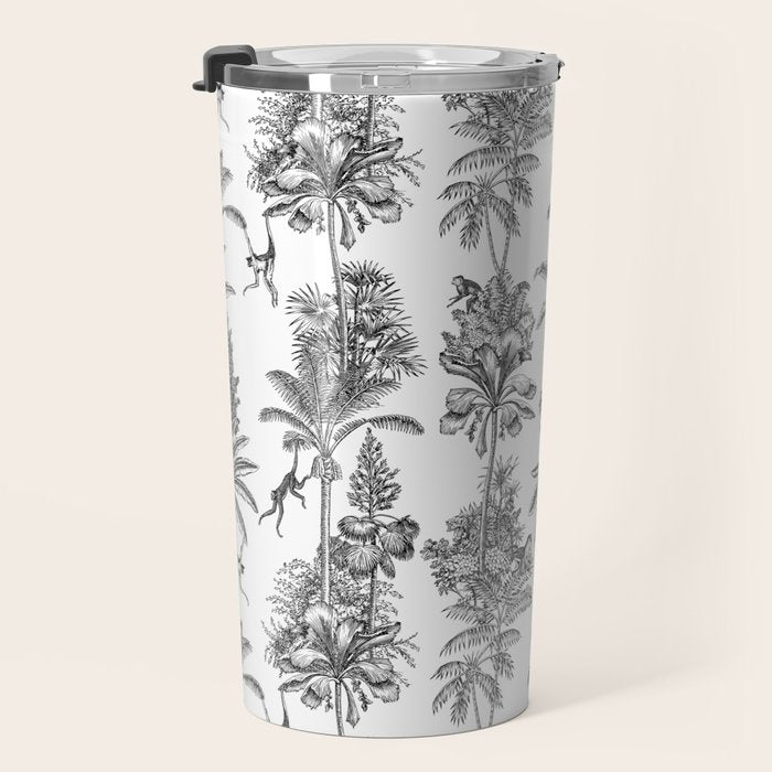 Toile de Jouy Exotic Jungle Monkeys Black & White Travel Mug Gallery Image 3