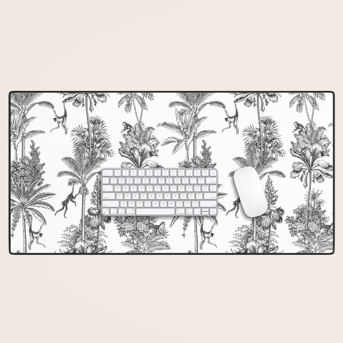 Toile de Jouy Exotic Jungle Monkeys Black & White Desk Mat Gallery Image 1