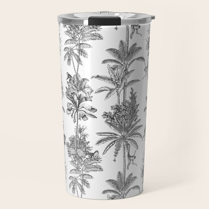 Toile de Jouy Exotic Jungle Monkeys Black & White Travel Mug Gallery Image 1