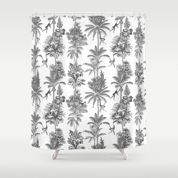 Toile de Jouy Exotic Jungle Monkeys Black & White Shower Curtain Gallery Image 1
