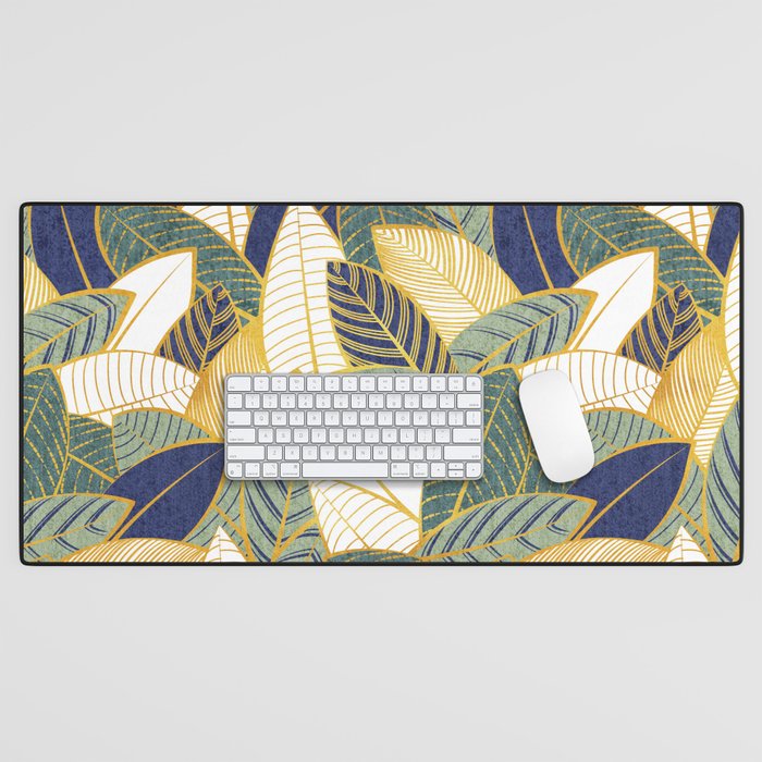 Leaf wall // navy blue pine and sage green leaves golden lines Desk Mat Gallery Image 1