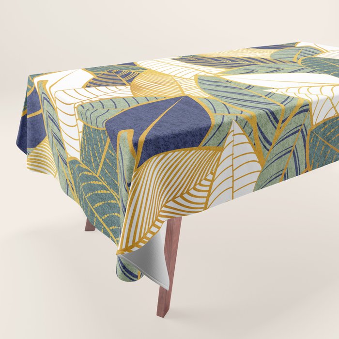Leaf wall // navy blue pine and sage green leaves golden lines Tablecloth Gallery Image 1