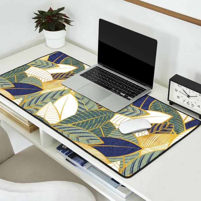 Leaf wall // navy blue pine and sage green leaves golden lines Desk Mat Gallery Image 2