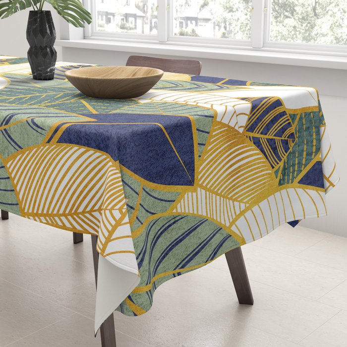 Leaf wall // navy blue pine and sage green leaves golden lines Tablecloth Gallery Image 3