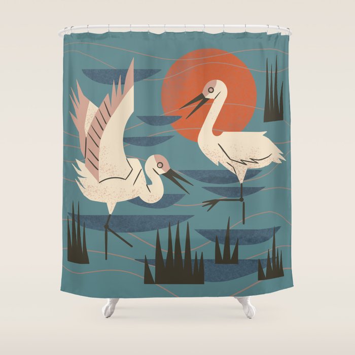 Cranes Wading At Sunset Shower Curtain Gallery Image 1