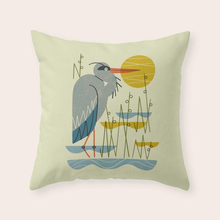 Heron Among Reeds Throw Pillow Gallery Image 1
