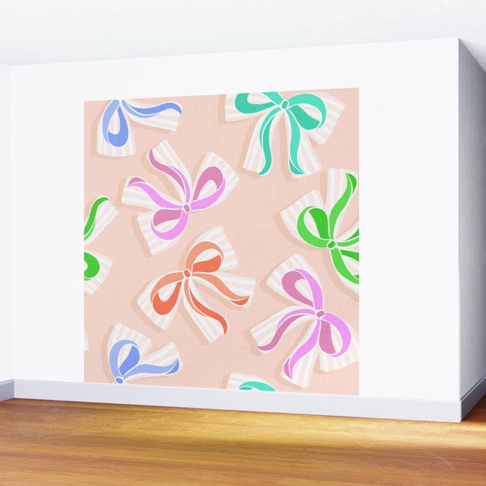 Ditsy Kitsch Ribbons and bows 1. Pastel Rainbow colours on Peach Wall Mural Gallery Image 2