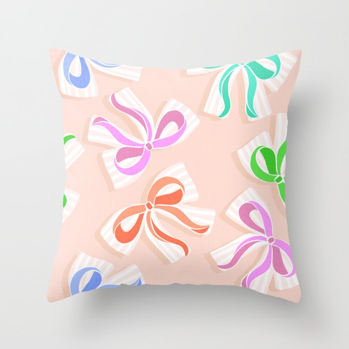 Ditsy Kitsch Ribbons and bows 1. Pastel Rainbow colours on Peach Throw Pillow Gallery Image 6