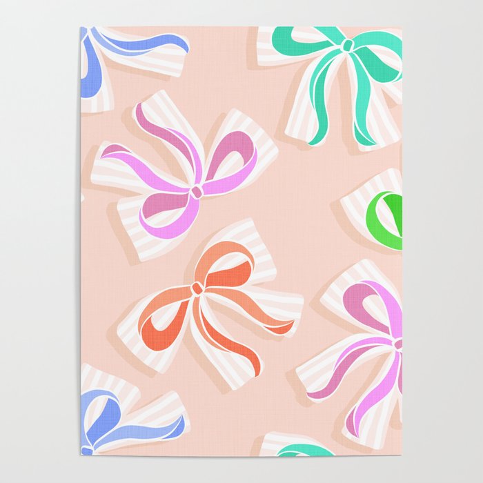 Ditsy Kitsch Ribbons and bows 1. Pastel Rainbow colours on Peach Poster Gallery Image 1