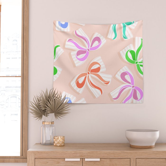 Ditsy Kitsch Ribbons and bows 1. Pastel Rainbow colours on Peach Wall Tapestry Gallery Image 2