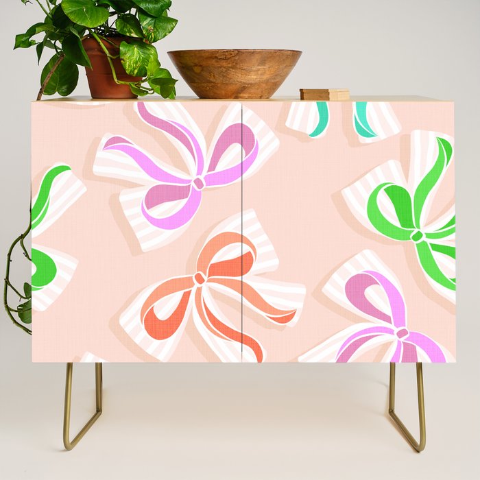 Ditsy Kitsch Ribbons and bows 1. Pastel Rainbow colours on Peach Credenza Gallery Image 1