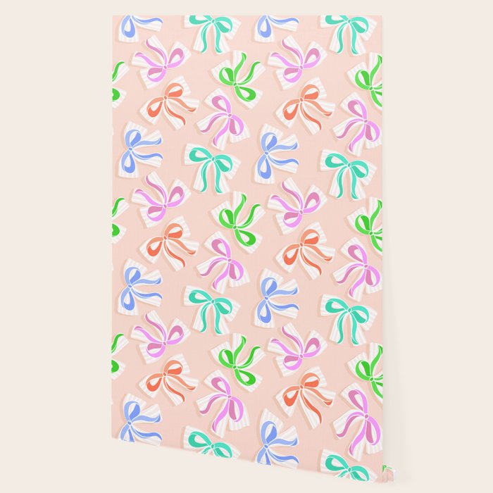 Ditsy Kitsch Ribbons and bows 1. Pastel Rainbow colours on Peach Wallpaper Gallery Image 2