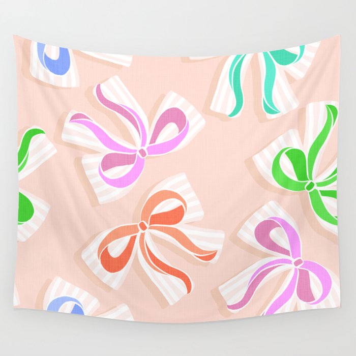 Ditsy Kitsch Ribbons and bows 1. Pastel Rainbow colours on Peach Wall Tapestry Gallery Image 1