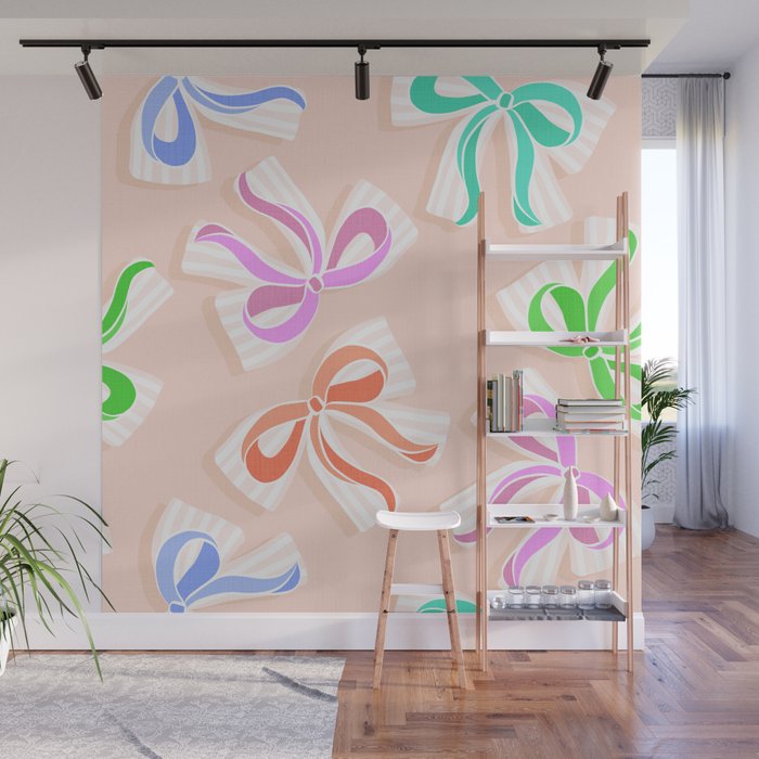 Ditsy Kitsch Ribbons and bows 1. Pastel Rainbow colours on Peach Wall Mural Gallery Image 1